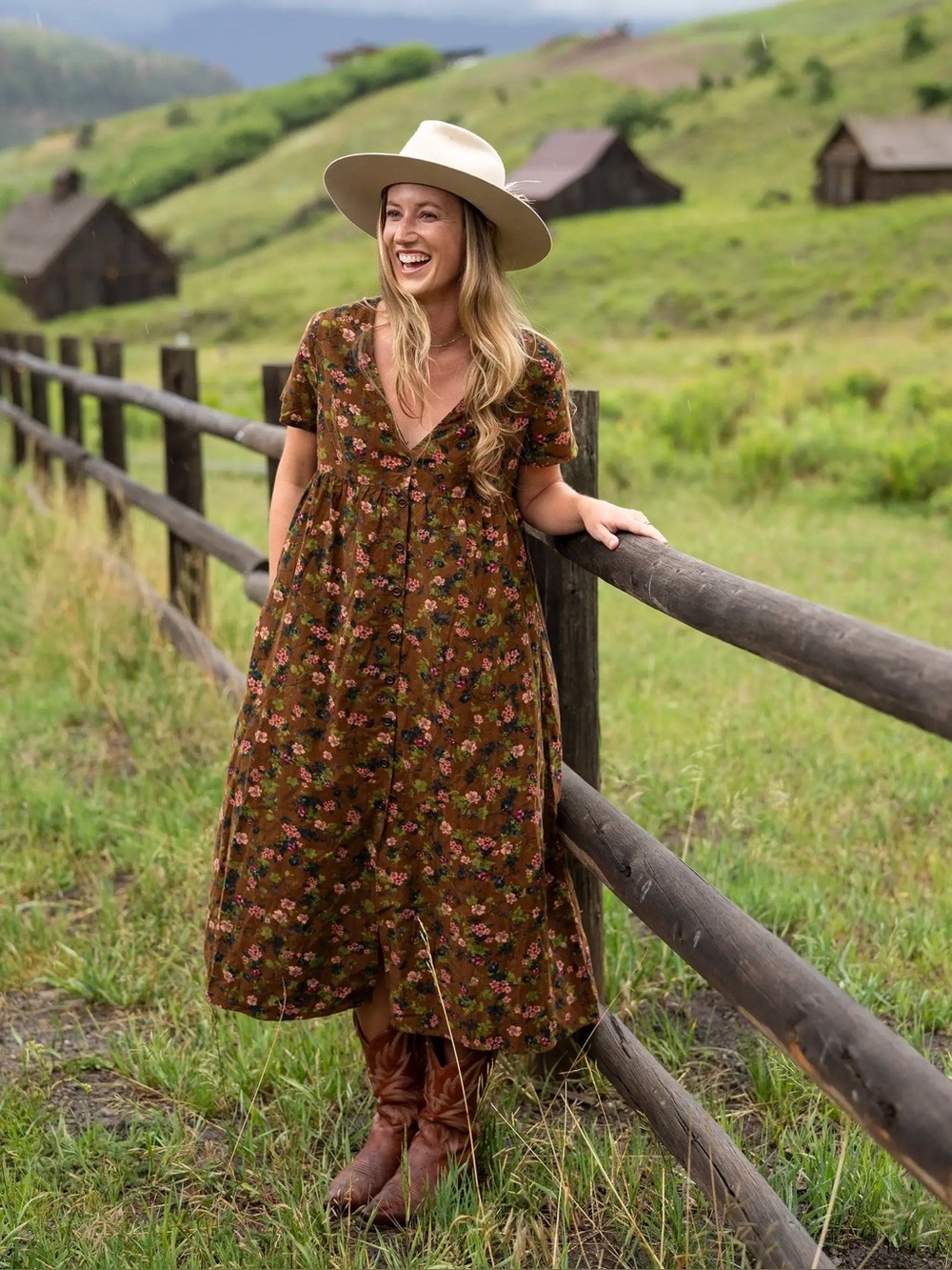 Natural Life Avery Corduroy Floral Midi Dress Brown EarthyTones Size Large